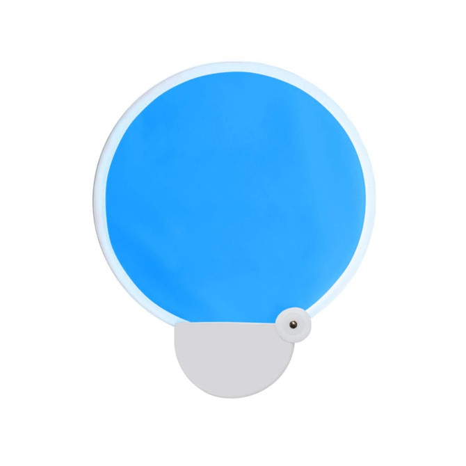 A blue foldable fan with a grey handle, featuring a circular design and a button for opening and closing.