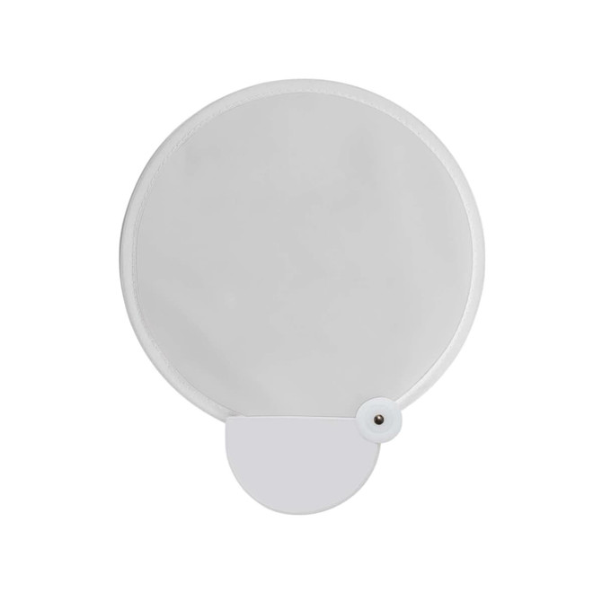 A 20cm foldable fan in white, featuring a round design with a button mechanism for folding.