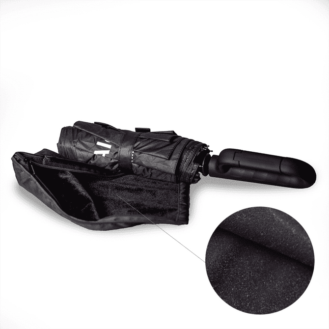 A black foldable umbrella with a handle, featuring a compact design and a smooth surface texture.