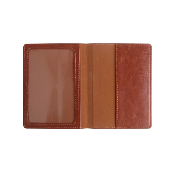 A brown RFID PU leather passport holder with a transparent ID slot and a simple interior design.