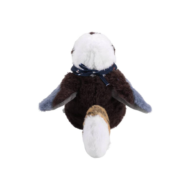 A Kookaburra plush toy with brown and grey fur, featuring a white head and a blue ribbon around its neck.