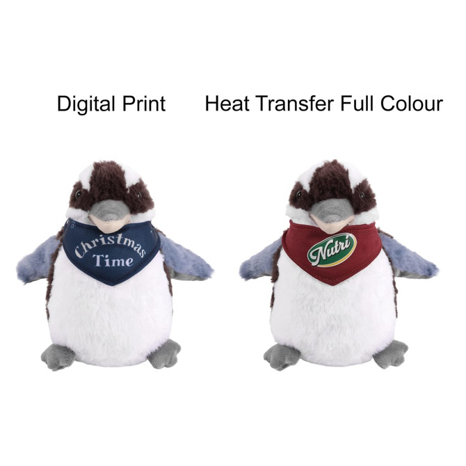 A Kookaburra plush toy featuring a white body with grey and brown accents, wearing blue and maroon bandanas.