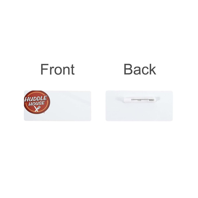 A custom PVC name badge in white, featuring a logo on the front and a pin on the back.