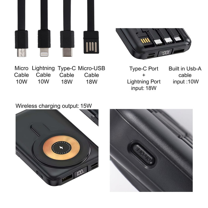 A black 10000mAh power bank with various charging ports and cables, featuring a wireless charging pad.