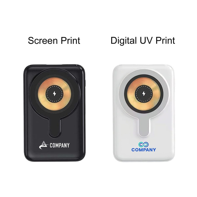 A black and a white power bank with a circular charging area, both featuring a logo and unique printing styles.