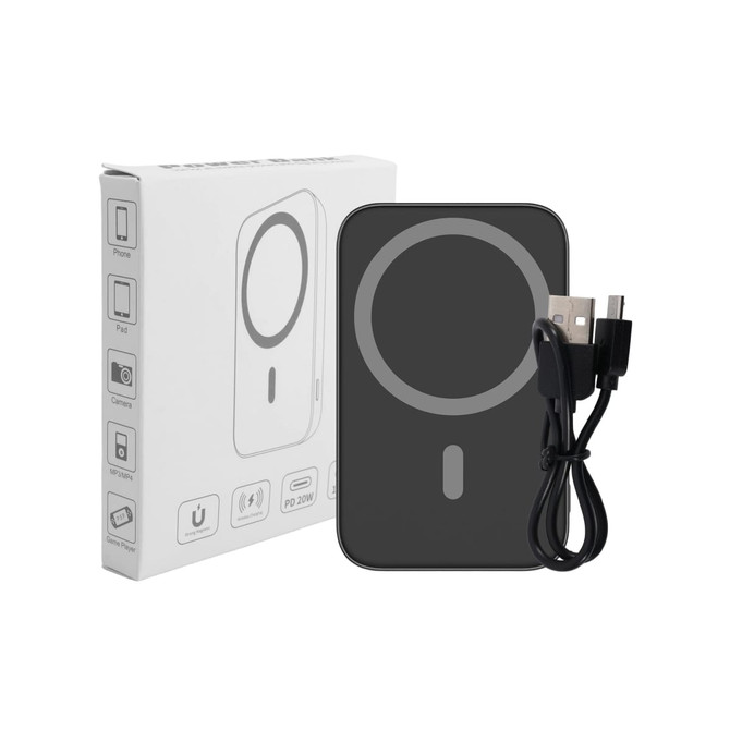 A black 5000mAh magnetic wireless power bank with a USB cable, enclosed in packaging featuring various icons.
