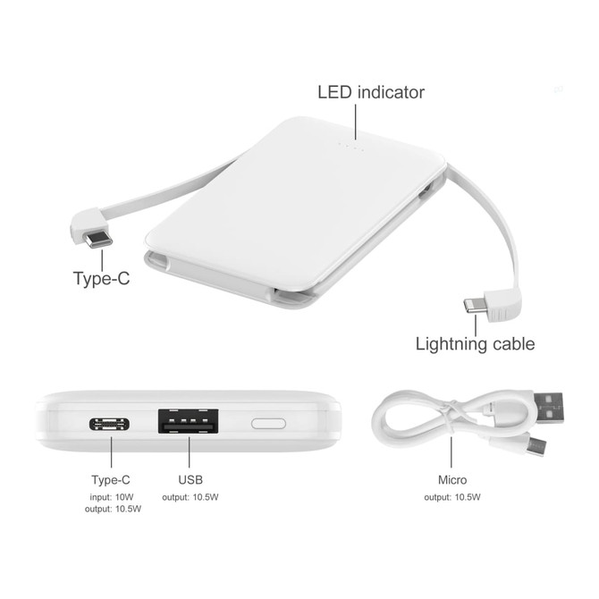A slim white power bank with integrated cables, featuring a LED indicator and multiple output ports.