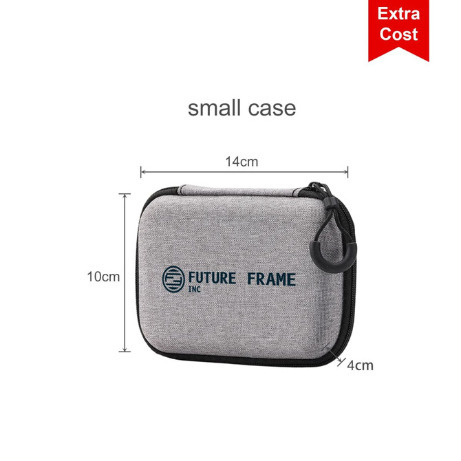 A small, grey zippered case with a logo on the front, measuring 14cm by 10cm by 4cm.