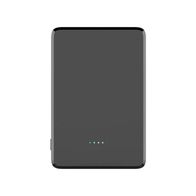A black 5000mAh magnetic wireless power bank with indicator lights and a sleek rectangular design.