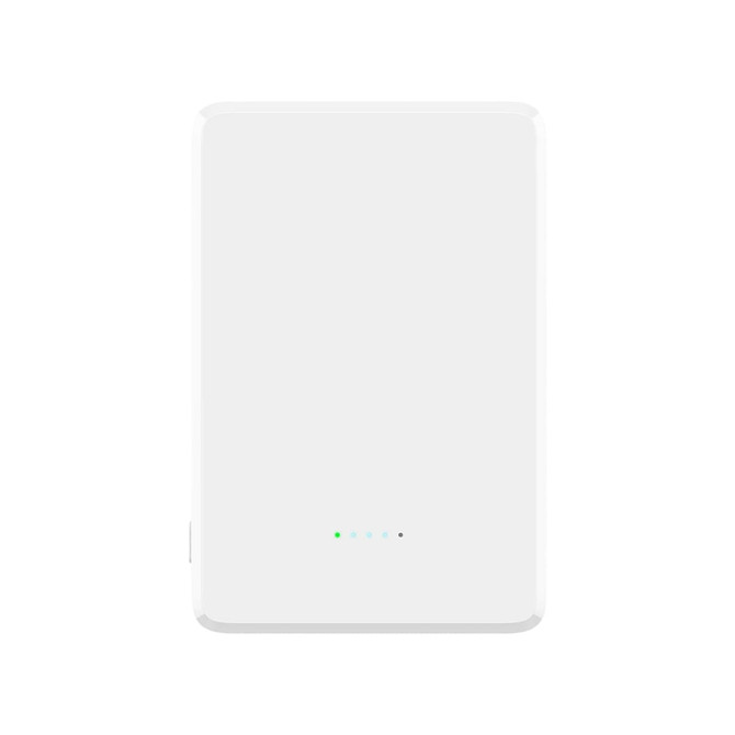 A white 5000mAh magnetic wireless power bank with indicator lights and a logo.