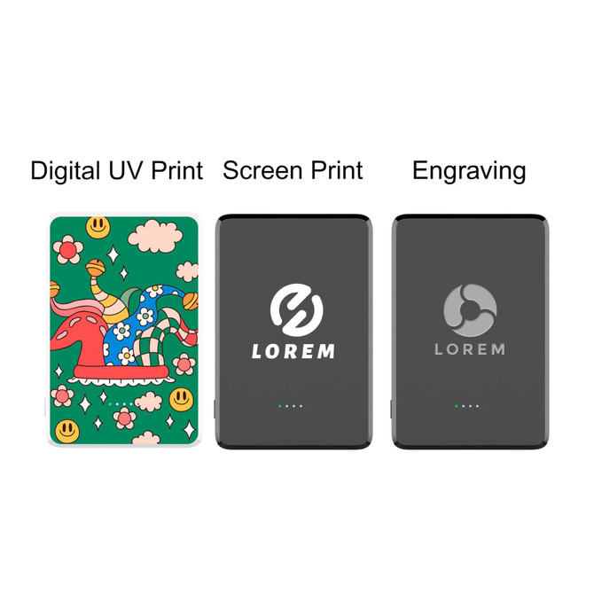 A 5000mAh power bank in green with colourful designs, featuring options for digital UV print, screen print, and engraving.