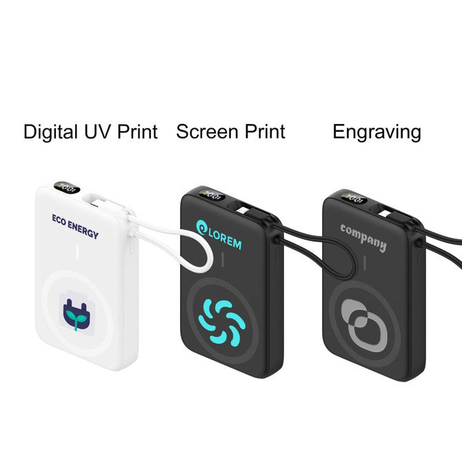 A collection of three portable power banks in white and black, featuring different designs and a branding logo on each.