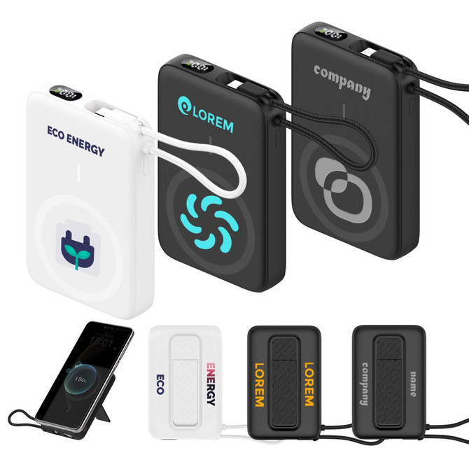 A black and white 10000mAh magnetic wireless power bank with a charging cable, featuring logos and a smartphone.