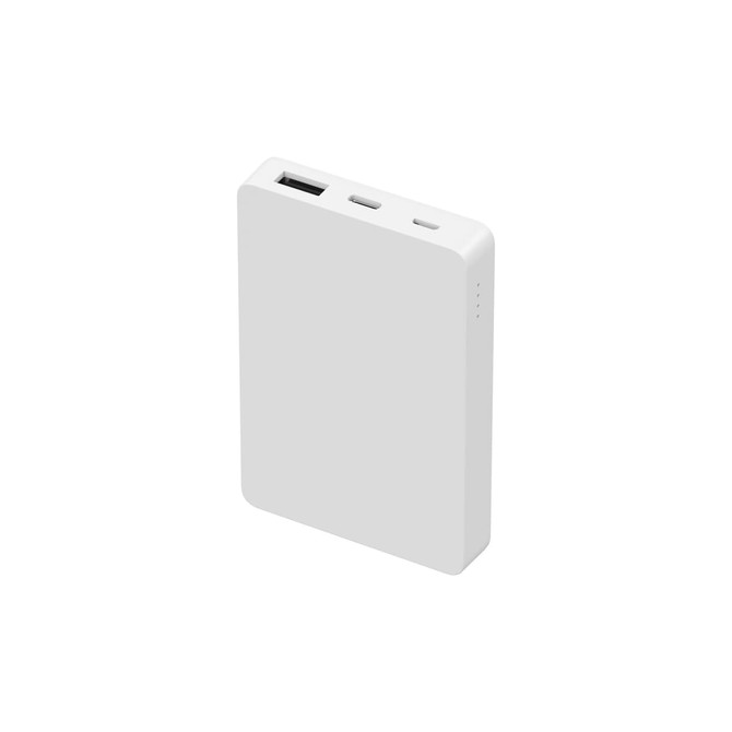 A square, white 5000mAh power bank with USB and USB-C ports and a logo on the surface.