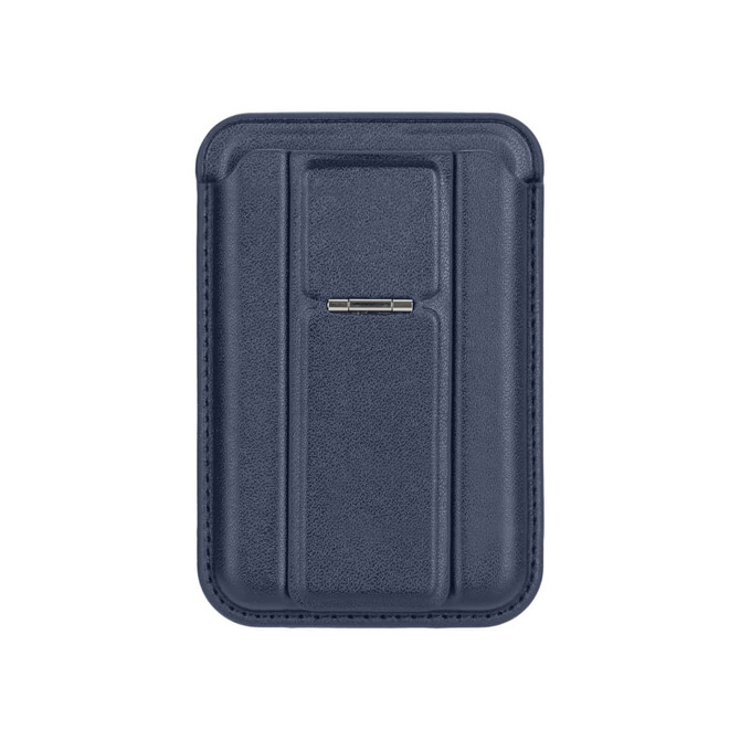 A navy PU magnetic card holder features a phone stand and has a sleek, textured design with a metallic accent.