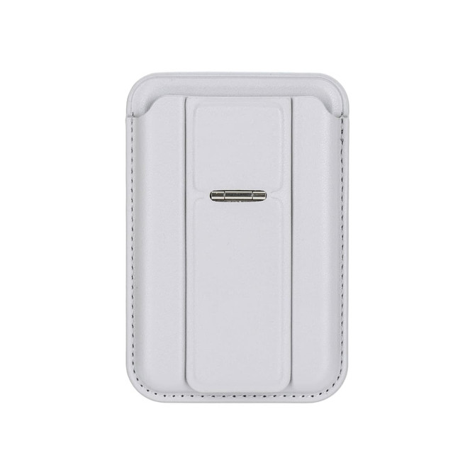 A white PU magnetic card holder with a phone stand feature and a small metal clasp. It has a sleek design.