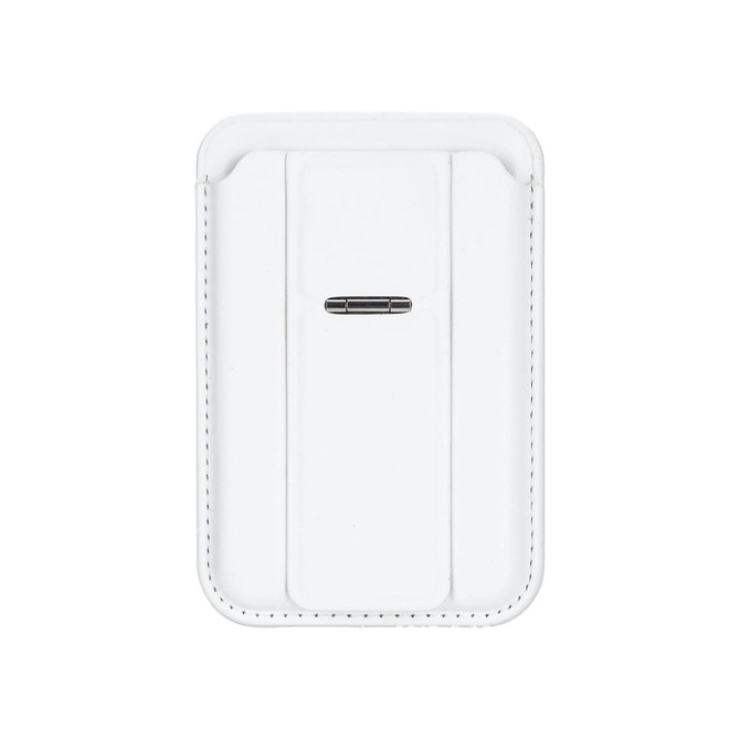 A white PU magnetic card holder with a phone stand feature, featuring a sleek design and a black accent.