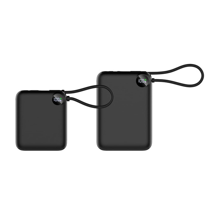 A black power bank with a charging cable, featuring two sizes and a small display on one.