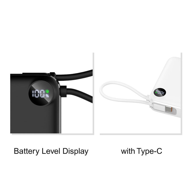 A power bank featuring a battery level display, available in black and white, with a Type-C charging cable.