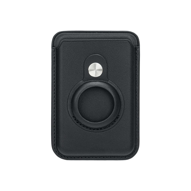 A black PU magnetic card and AirTag holder featuring a circular slot and a metal snap button.