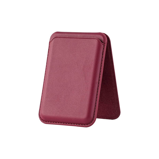A maroon PU foldable magnetic card holder that doubles as a phone stand, featuring a simple design and a logo.