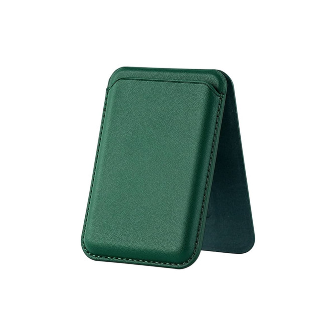 A green PU foldable magnetic card holder that also functions as a phone stand, featuring a logo on the surface.