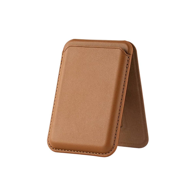 A tan PU foldable magnetic card holder with a phone stand feature, showcasing a sleek and minimal design.