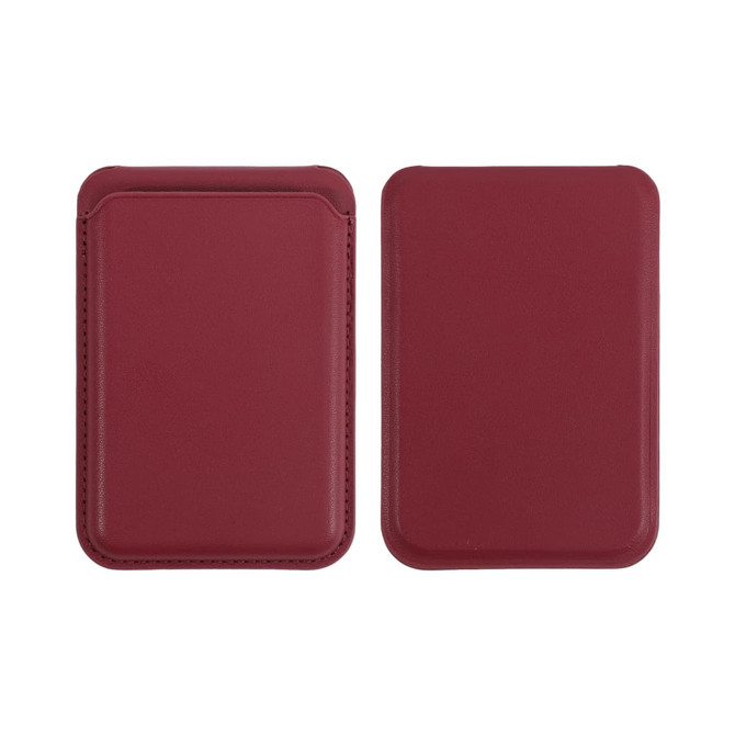 A burgundy PU foldable magnetic card holder with a sleek design, featuring a built-in phone stand and a logo.
