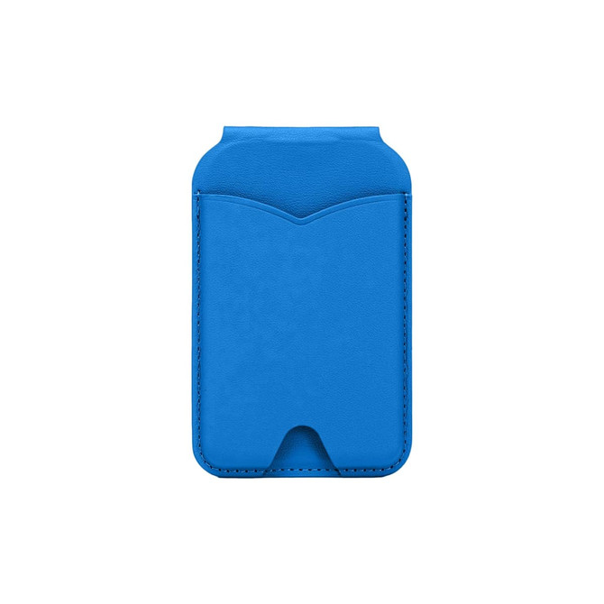 A blue PU magnetic card holder with a mirror, featuring a sleek design and a pocket for cards.