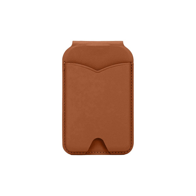 A brown PU magnetic card holder with a sleek design and a cut-out base. Features a textured surface.