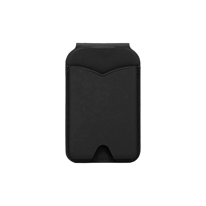 A black PU magnetic card holder with a smooth texture and an integrated mirror.