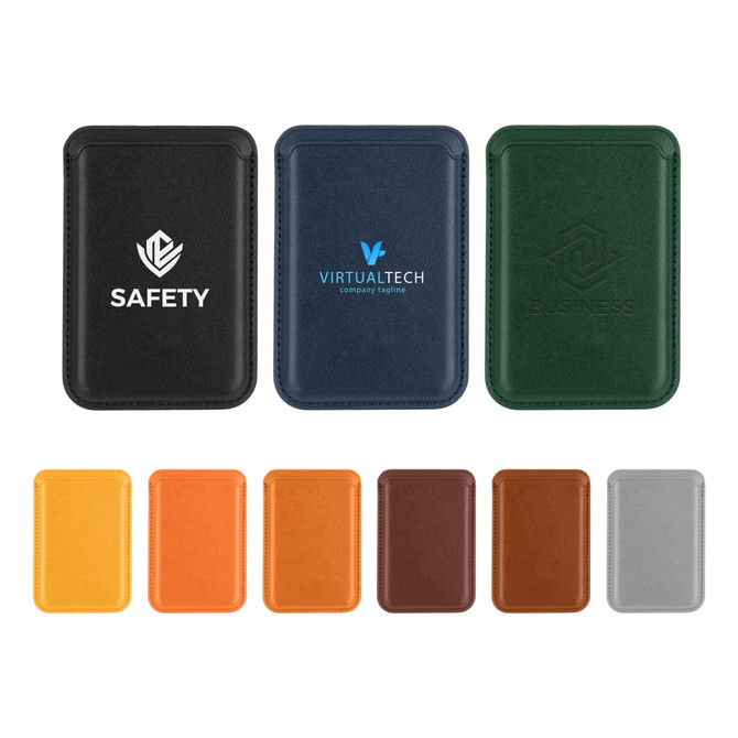 A collection of PU magnetic phone card holders in black, navy, green, orange, brown, and silver, featuring various logos.