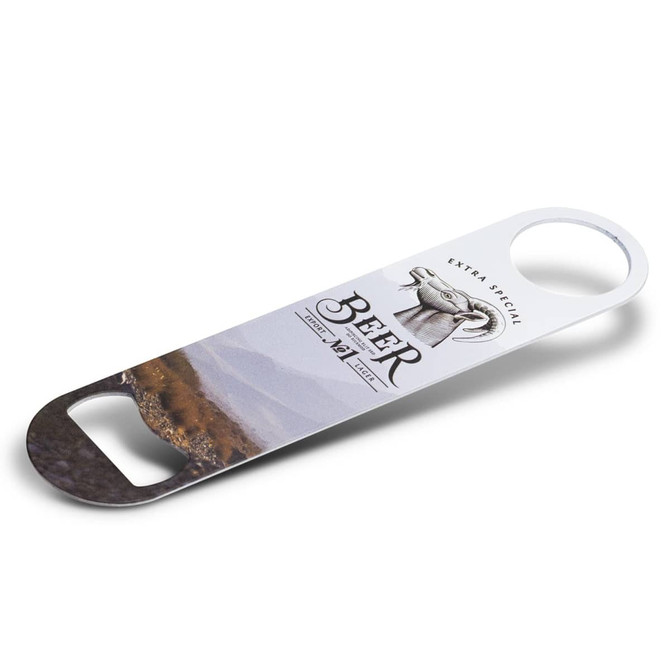 A drink bottle opener in silver and white features a scenic design and a logo on its handle.