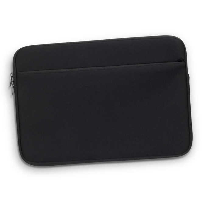 A black laptop sleeve with a zippered pocket and a sleek design. The material is smooth and sturdy, featuring a logo.
