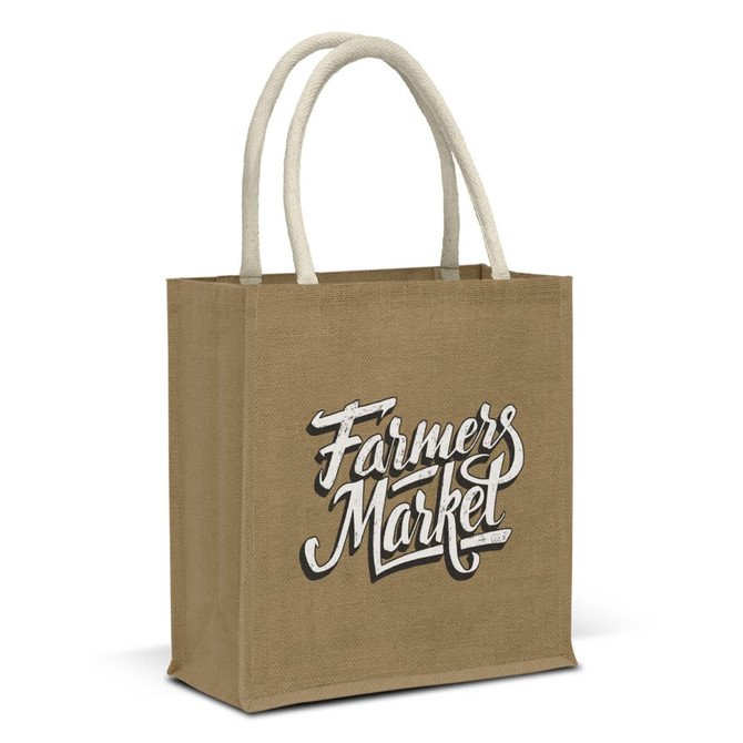 A jute tote bag in tan with cream handles and a logo design. Suitable for shopping or carrying items.