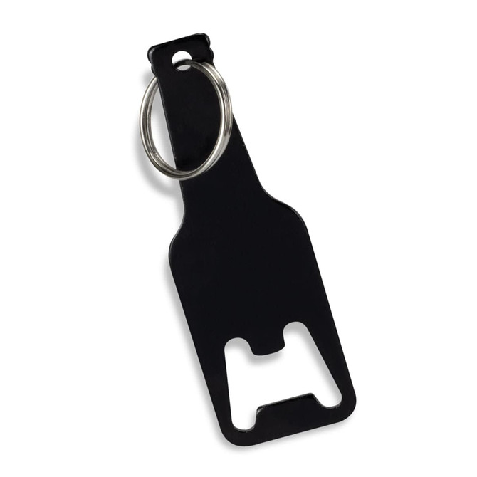A drink bottle opener key ring in black, featuring a keyring attachment and a bottle opener design.