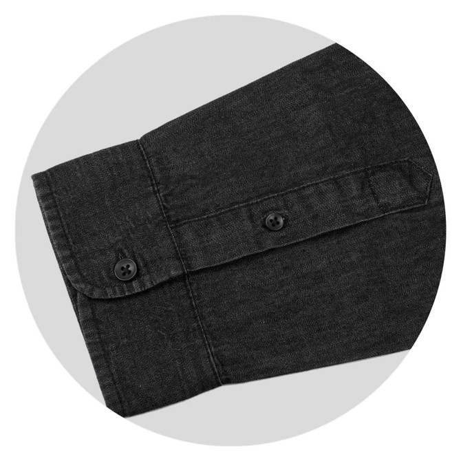A black denim shirt sleeve featuring button details, with a folded collar and a logo.