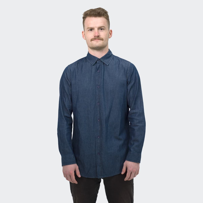A button-up men's denim shirt in dark blue, featuring a collar and long sleeves. The shirt has a logo on it.