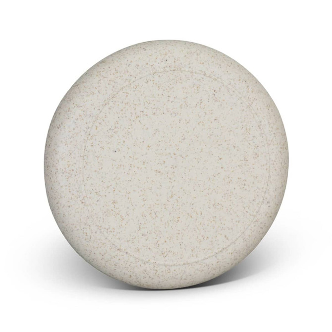 A round, speckled light grey frisbee featuring a smooth surface and no visible branding or text.