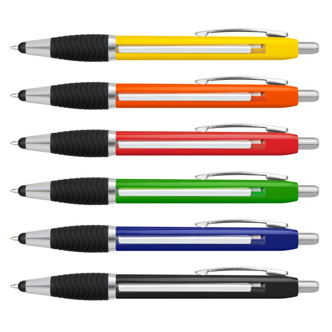 A collection of six Neptune stylus banner pens in yellow, orange, red, green, blue, and black, featuring grips and clips.