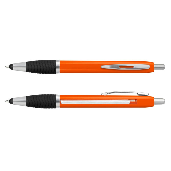 An orange plastic pen with a silver clip and grip, featuring a sleek, modern design.