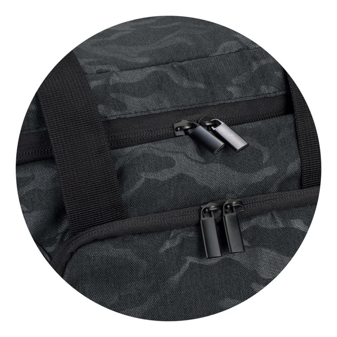 A dark green cooler bag featuring a camouflage pattern, with dual zippers and sturdy black straps.