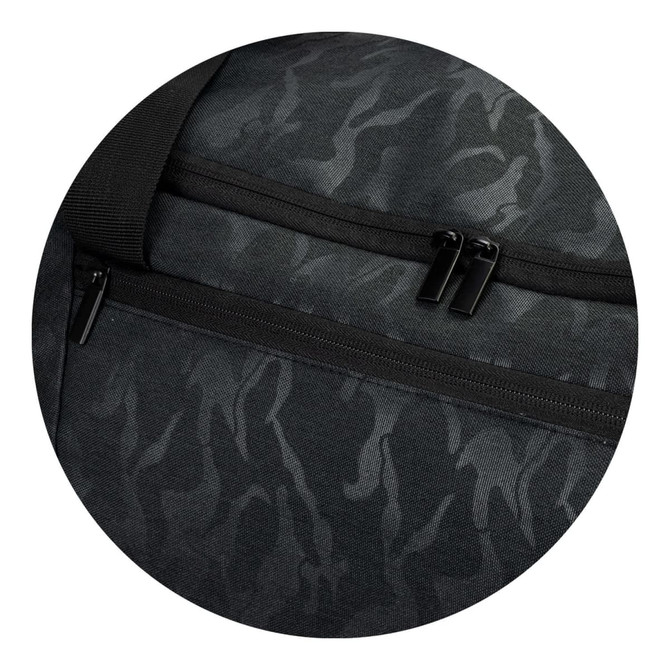 A black and grey duffle bag featuring a camouflage pattern and zippered compartments. The bag has a logo.