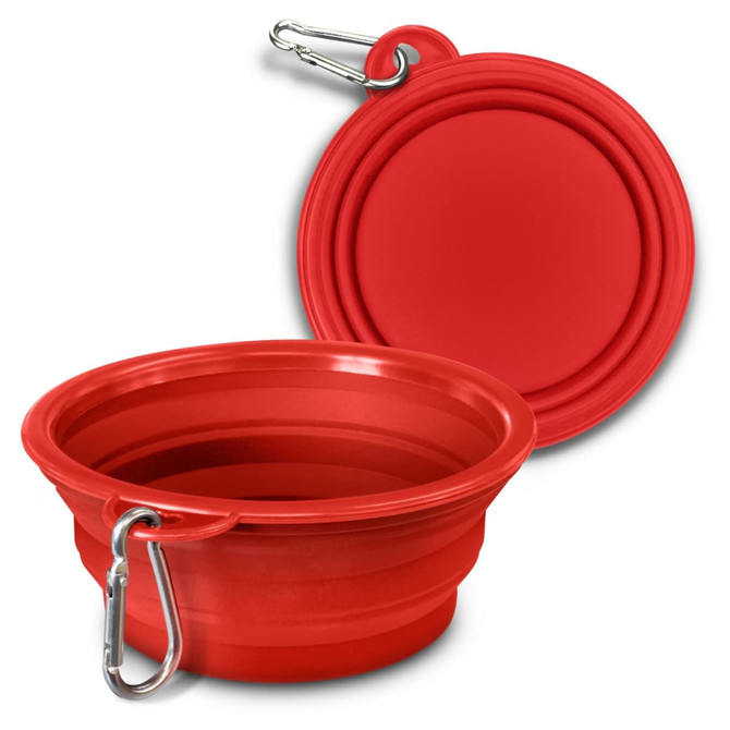 A red silicone collapsible pet bowl with a carabiner for easy attachment. Features a smooth, rounded design.