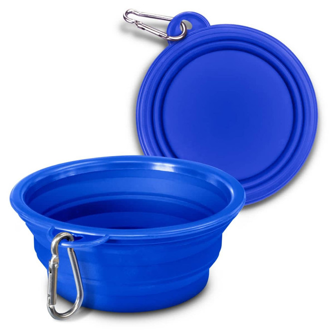 A blue silicone collapsible pet bowl with a carabiner for easy attachment. The bowl can be folded flat for storage.