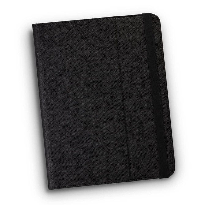 A black tablet case with a textured surface and a black elastic strap, featuring a logo.