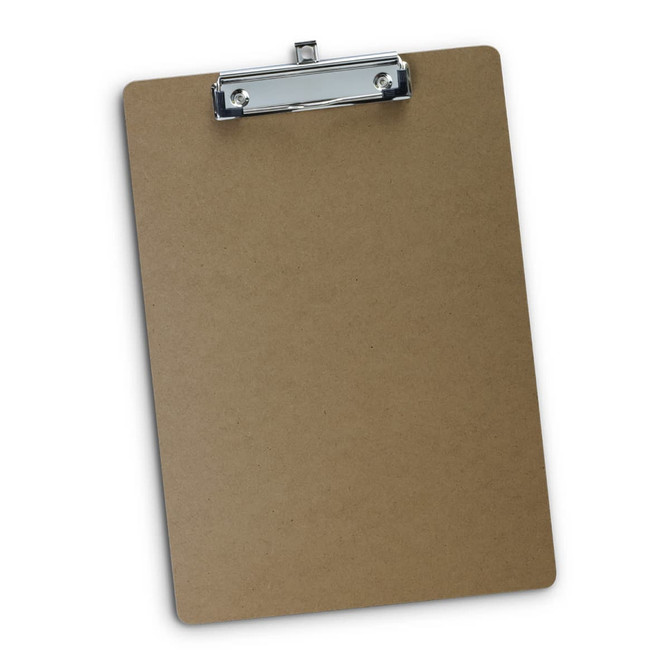 A brown clipboard made of hardboard with a metal clip at the top for holding papers.