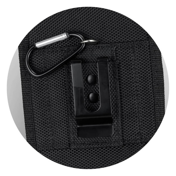 A black phone pouch with a clip and a carabiner attachment. The material appears durable and textured.