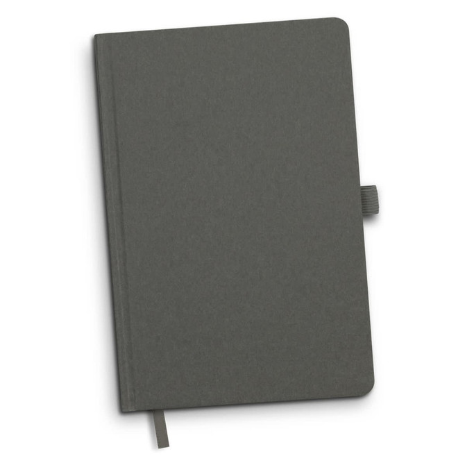 A grey Petros Stone Paper Notebook with a textured cover and an elastic closure. It includes a ribbon bookmark.
