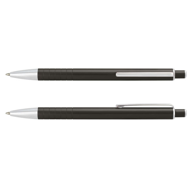 A metal pen in black with silver accents and a textured grip, featuring a logo on the barrel.